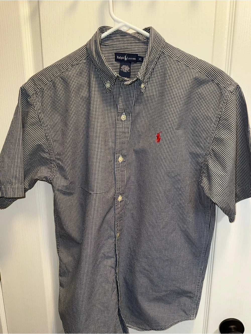 Ralph Lauren Navy and White Gingham Button-Down Shirt with Red Pony